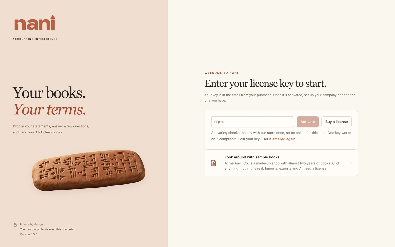 The first screen: enter your key, buy one, or look around the sample books.