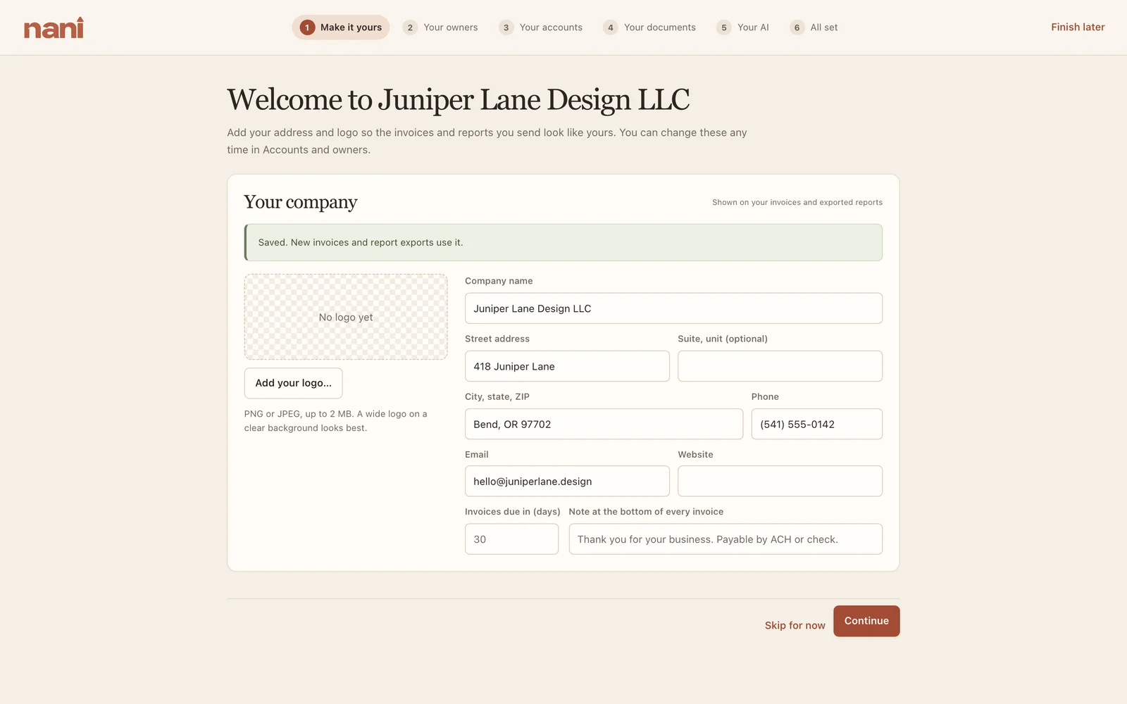 Make it yours: your details and logo.