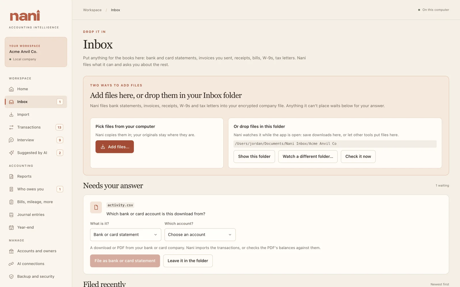 The Inbox. One file is waiting for an answer.
