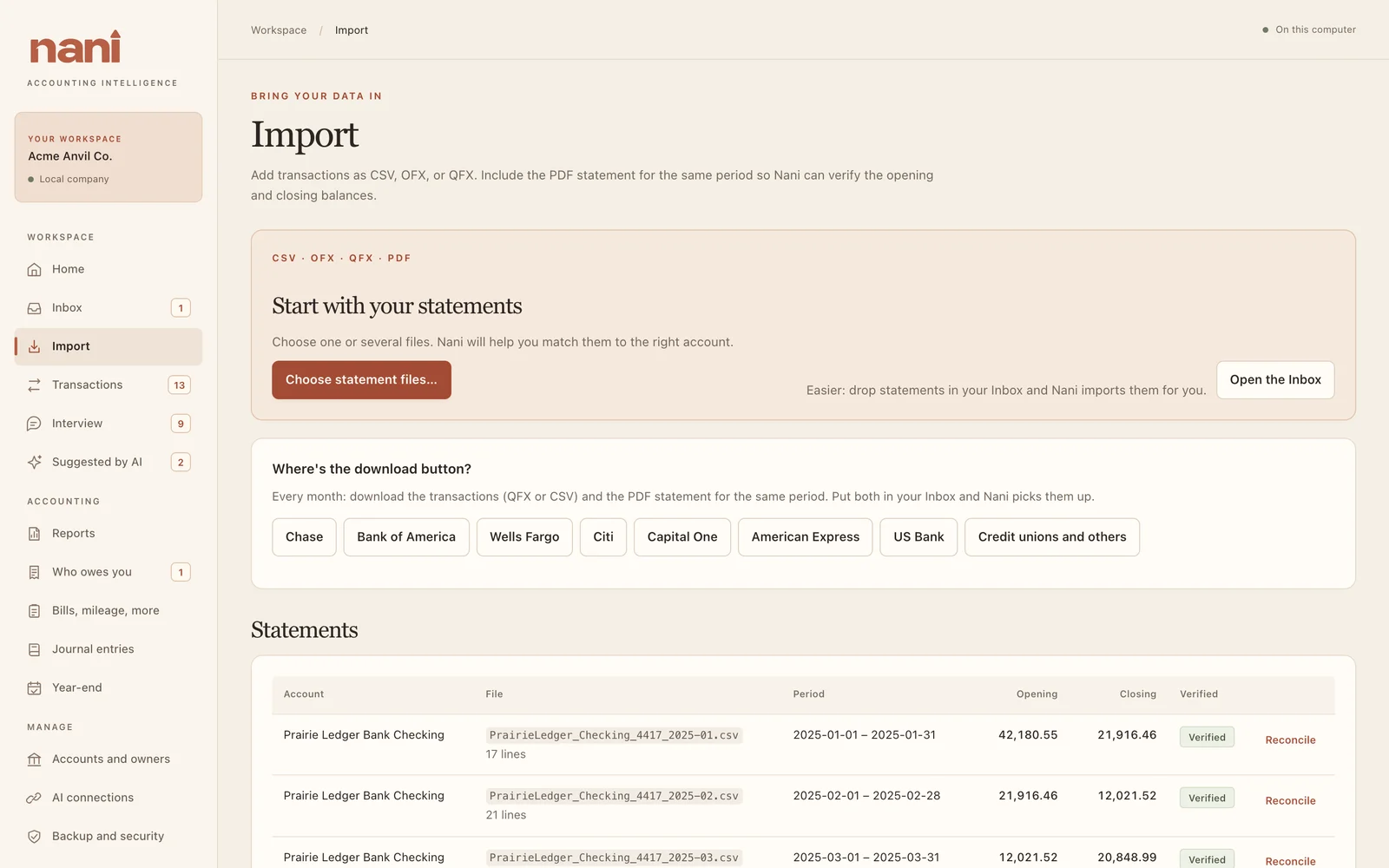 Import: statements, the bank guide, and every statement so far.