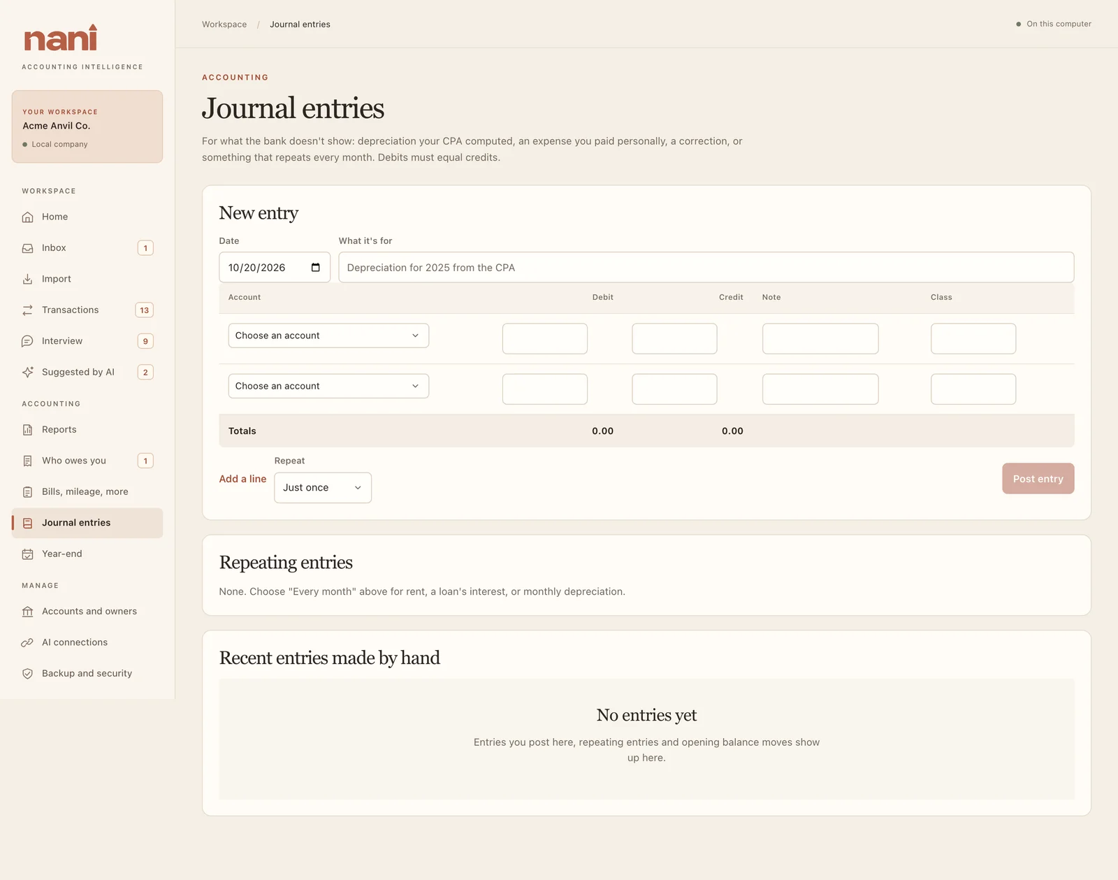 Journal entries: a new entry, repeating entries, and recent entries.