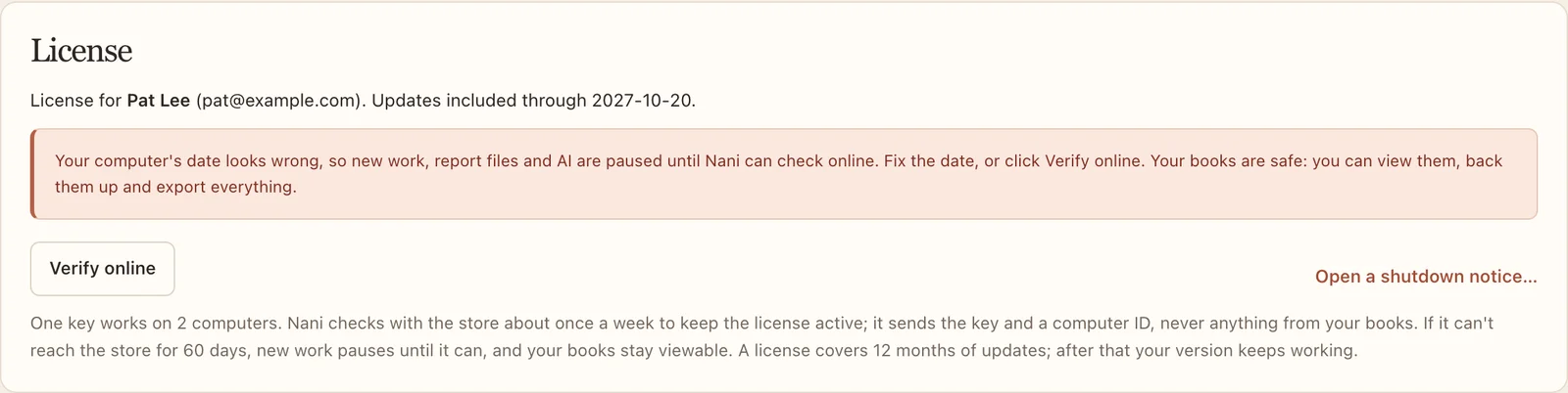 The License card explains it, with Verify online right there.
